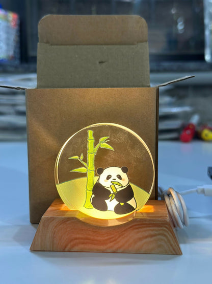 Panda Acrylic LED Night Lamp with Wooden Base USB Powered Decorative Light