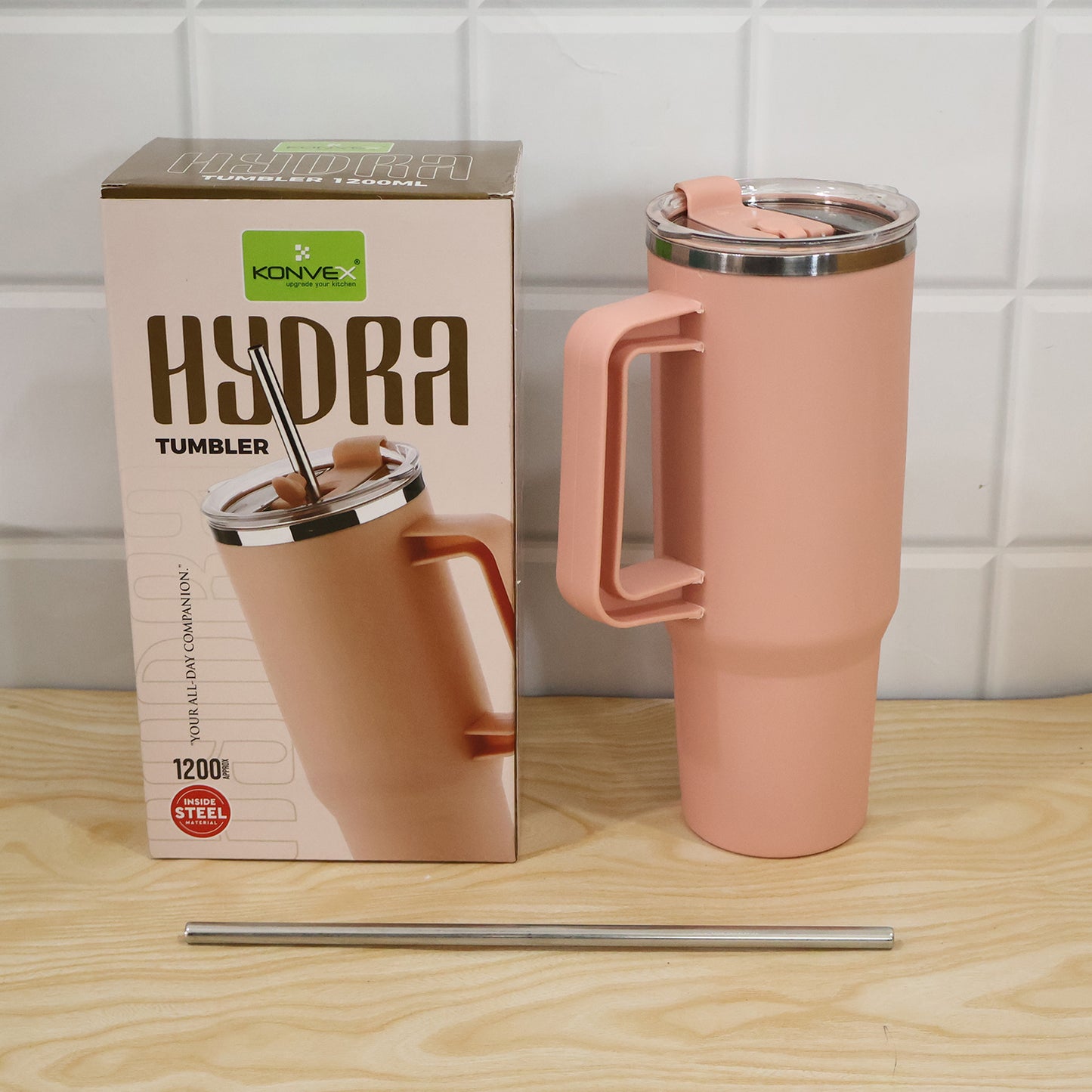 Konvex Hydra Insulated Travel Tumbler 1200 ML with Handle Straw Pink (1 Pc)