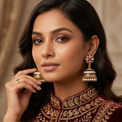 Maroon round stud jhumka earrings worn with traditional outfit