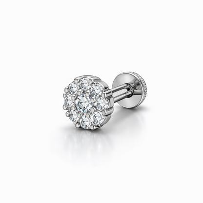 Detailed view of silver plated floral cluster nose pin with high-quality crystals