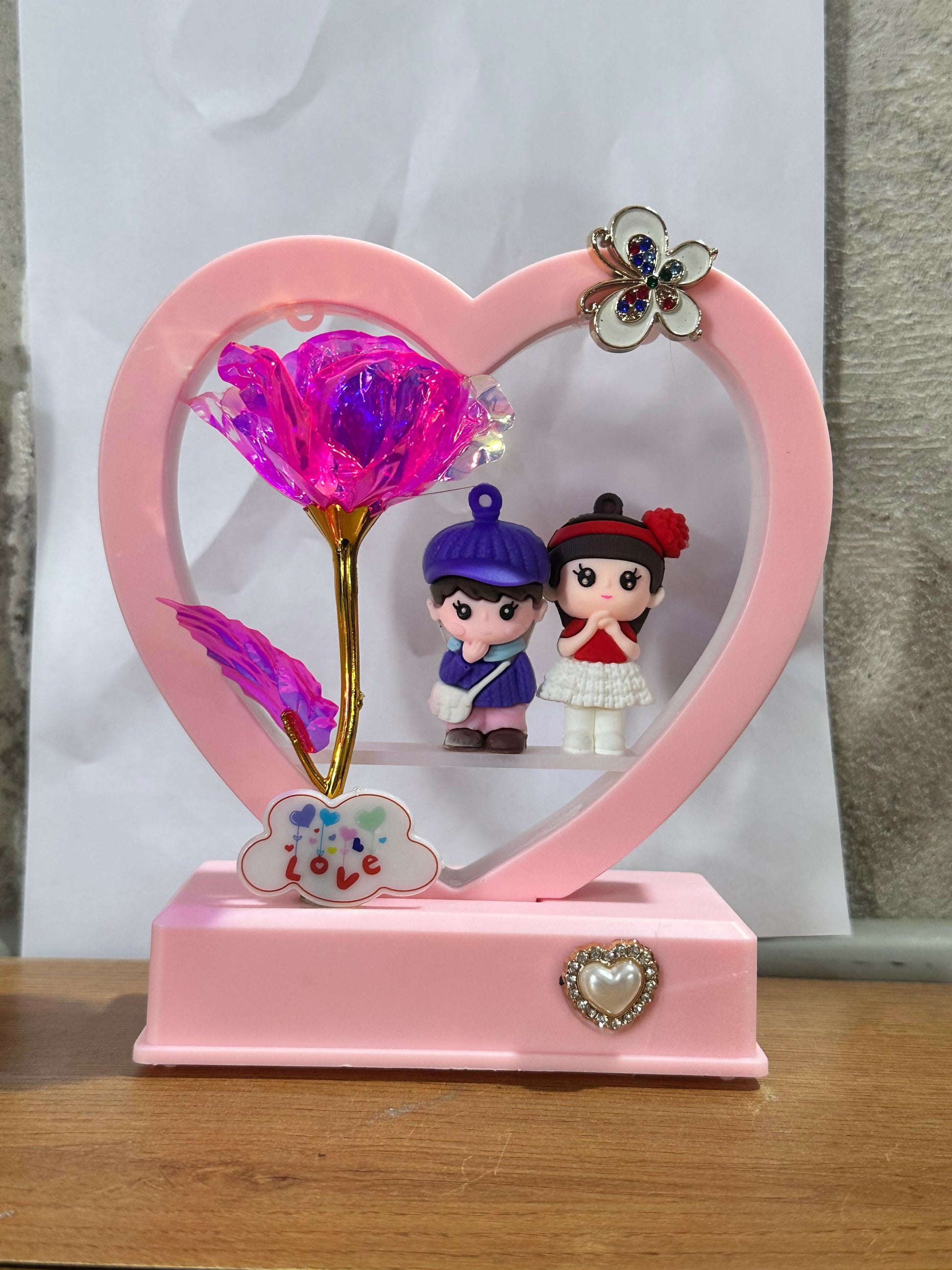 Romantic Heart LED Couple Showpiece with Pink Frame & Pink Rose | Cute Love Figurine Light for Bedroom, Anniversary, Valentine, Wedding & Home Decor Gift