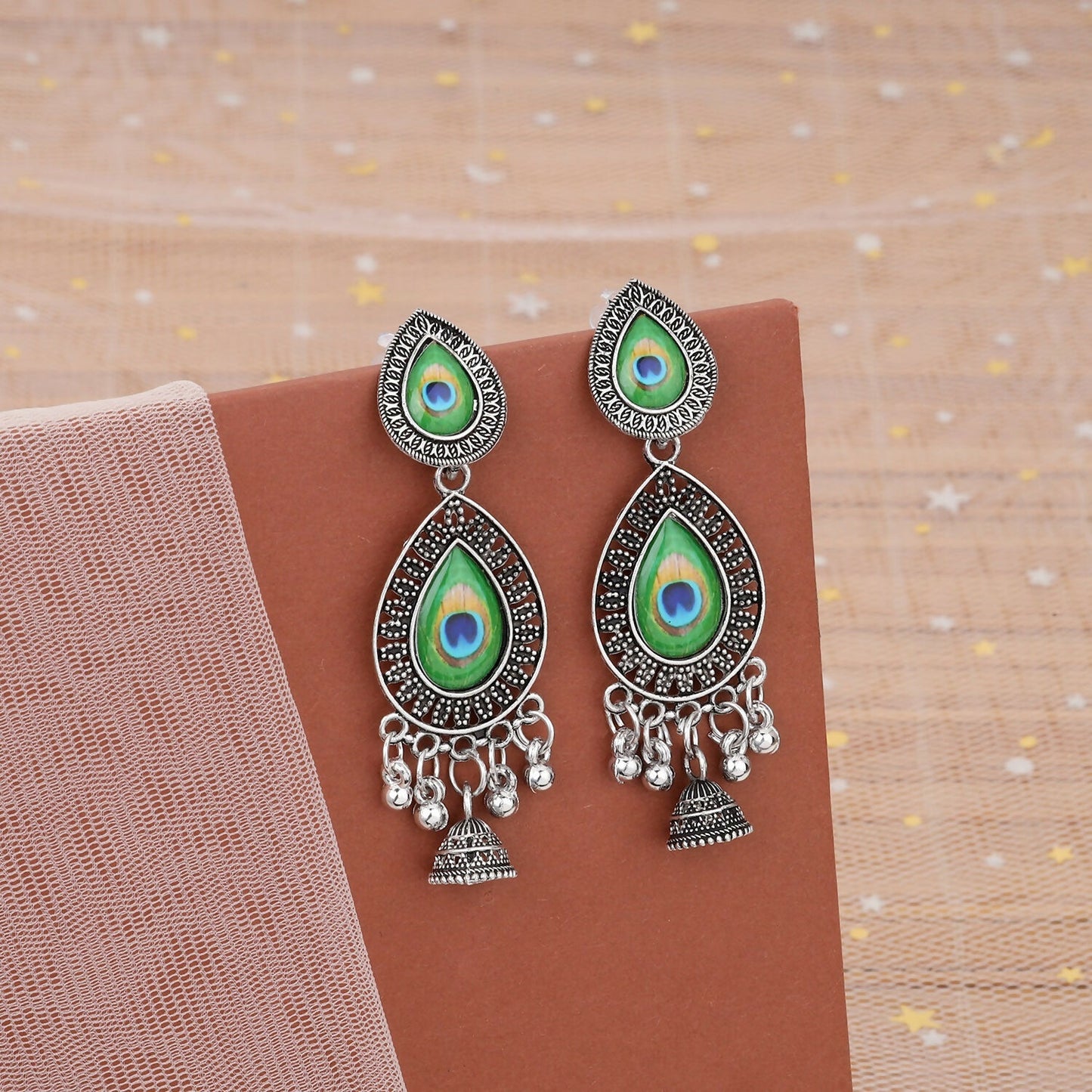Peacock Feather Silver Look Drop Jhumka Earings