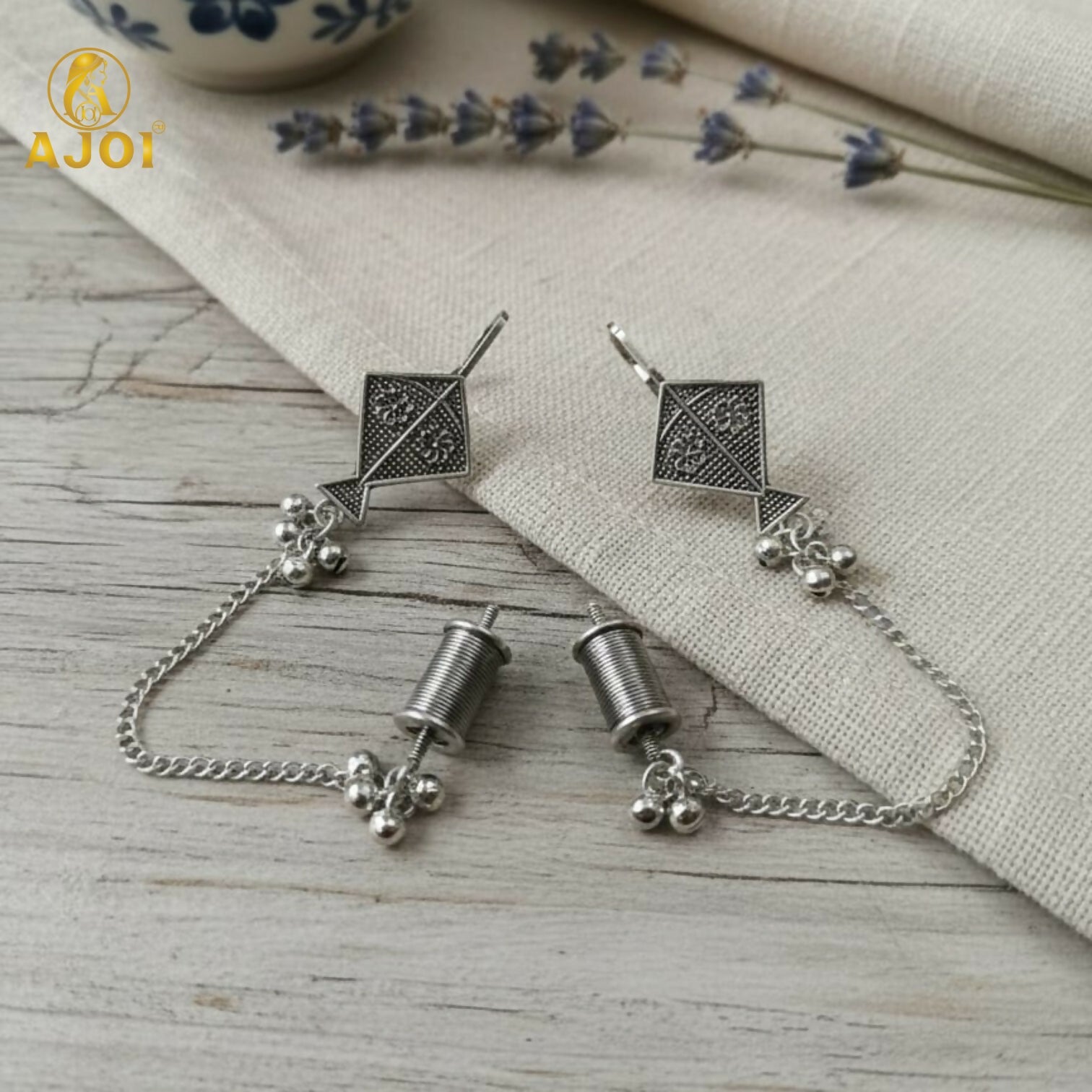Ethnic Oxidised Silver Kite Design Earrings with Chain & Ghungroo for Women and Girls