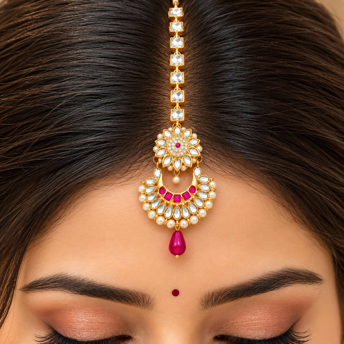 A close-up of a woman's forehead shows a gold maang tikka with clear and pink gems, pearls, and a single fuchsia drop.