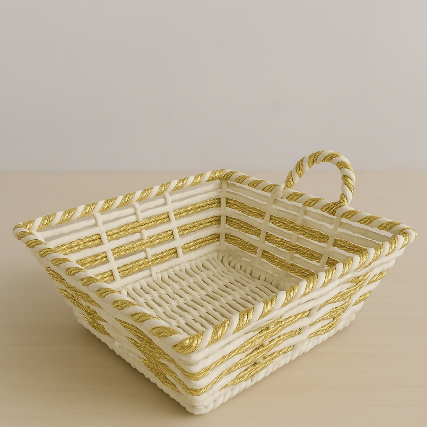 Handmade Decorative Storage Basket with Dual Handles – White & Golden Woven Multipurpose Organizer for Snacks, Fruits, Dry Fruits, Bread, Gift Hampers, Kitchen & Table Décor