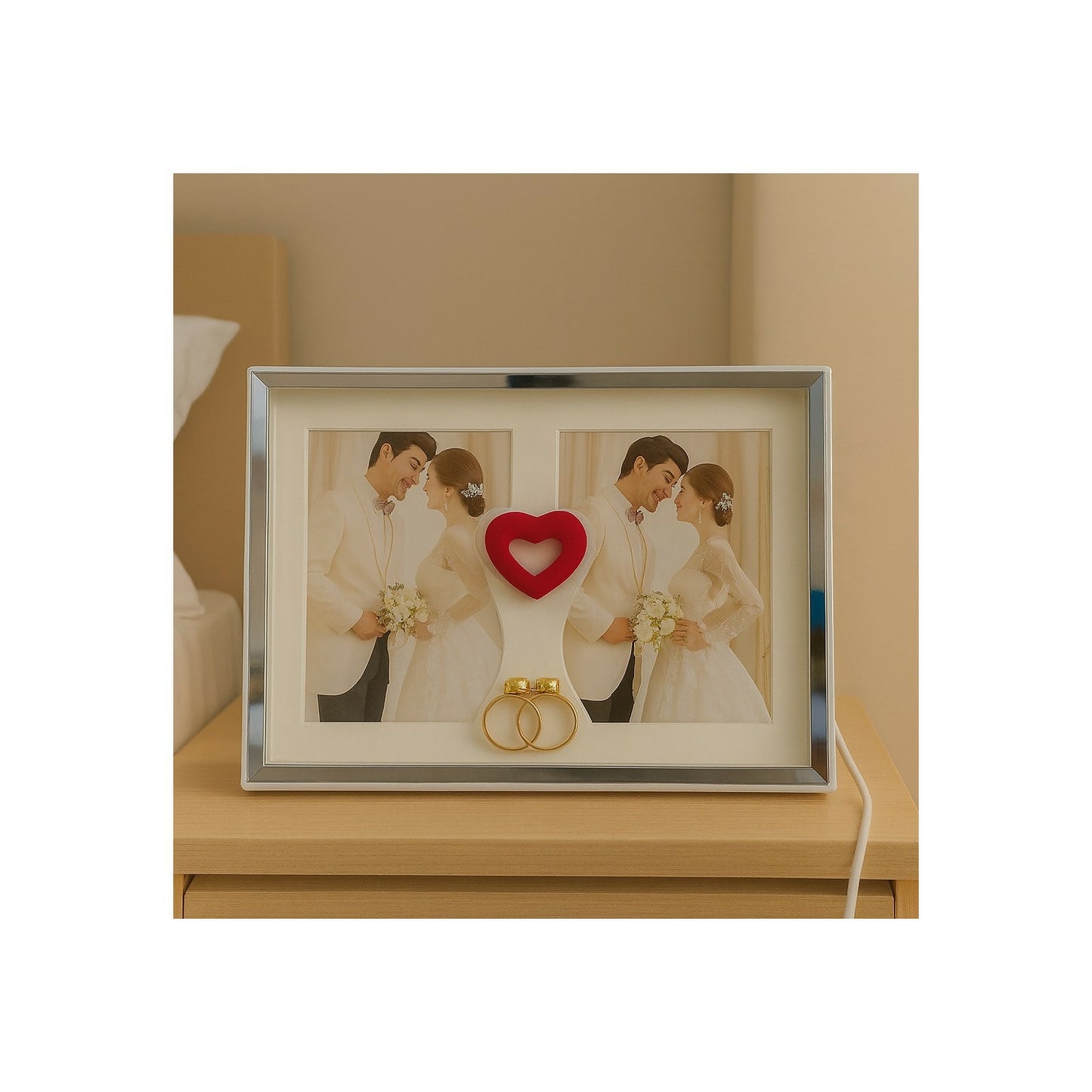Romantic LED Light Wedding Photo Frame for Couple | Dual Photo Display Frame with Heart Centerpiece & Golden Rings | Anniversary, Valentine, Marriage, Bedroom Decoration Gift | USB Powered Elegant Love Photo Frame for Home Décor