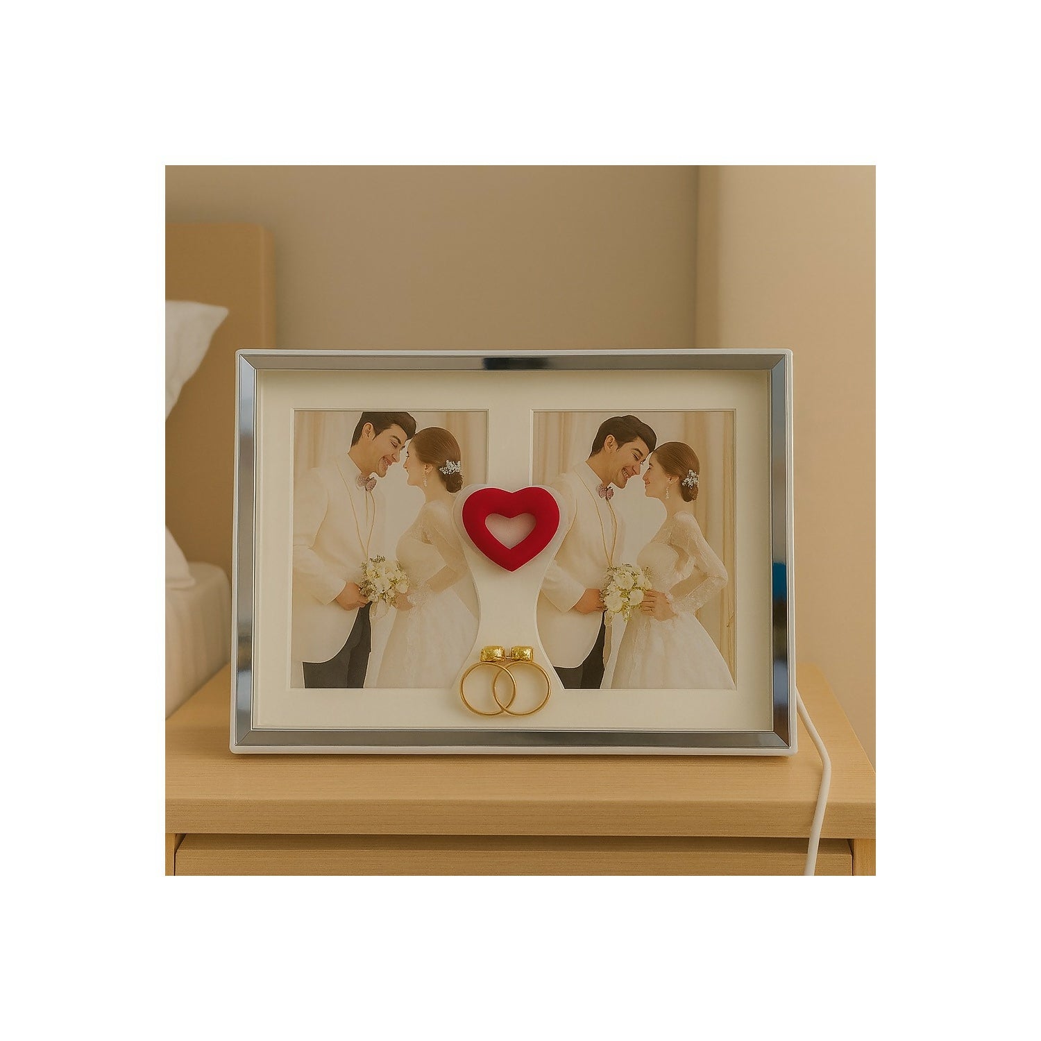 Romantic LED Light Wedding Photo Frame for Couple | Dual Photo Display Frame with Heart Centerpiece & Golden Rings | Anniversary, Valentine, Marriage, Bedroom Decoration Gift | USB Powered Elegant Love Photo Frame for Home Décor
