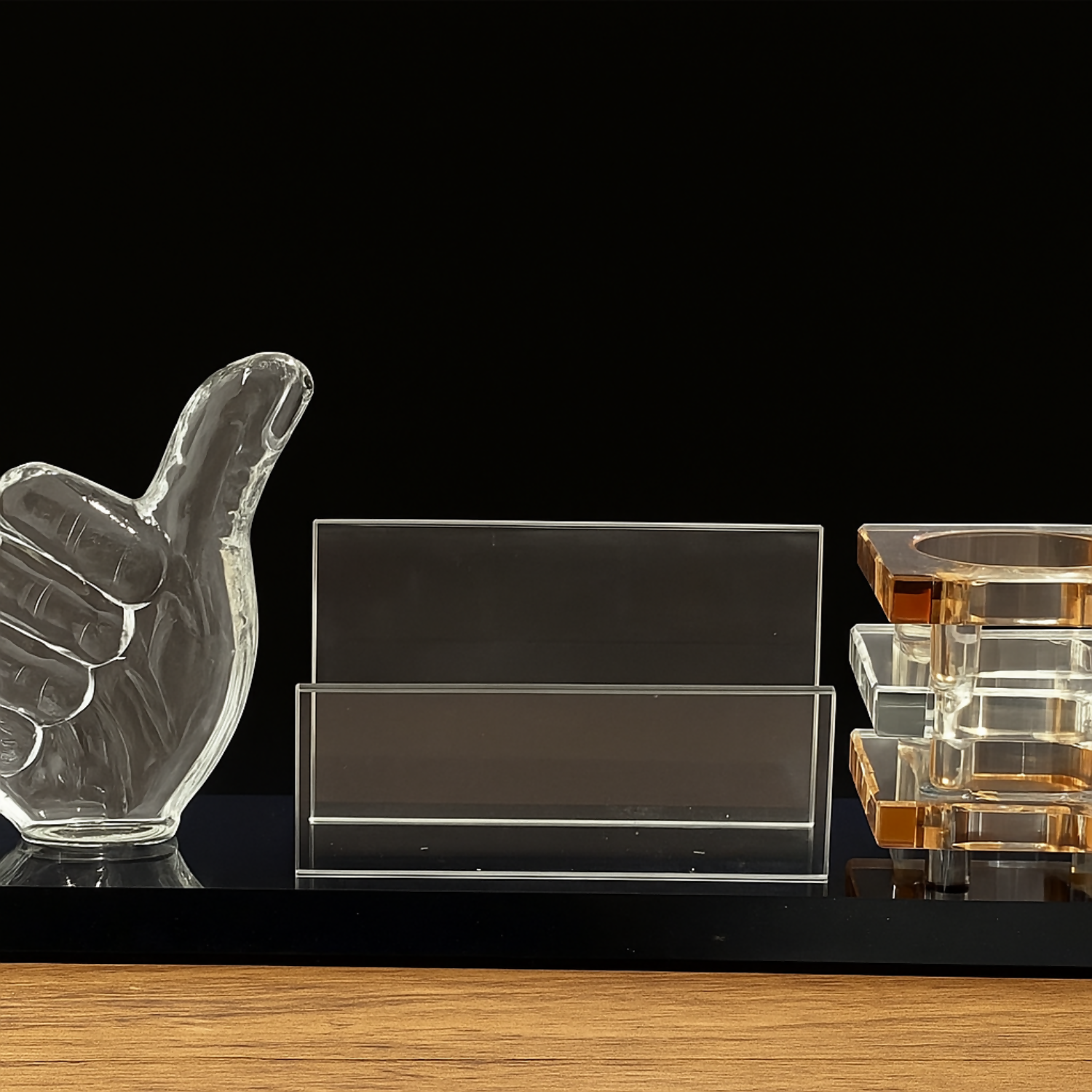 Premium Glass Desk Organizer with Thumbs-Up Sculpture, Transparent Business Card Holder & Stacked Amber Crystal Pen Stand for Office, Study Table & Corporate Gifting