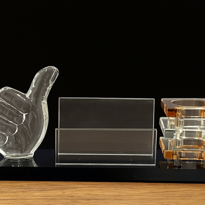 Premium Glass Desk Organizer with Thumbs-Up Sculpture, Transparent Business Card Holder & Stacked Amber Crystal Pen Stand for Office, Study Table & Corporate Gifting