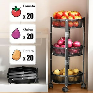 Collapsible 3-Tier Kitchen Trolley with Wheels | Foldable Metal Mesh Storage Rack | Heavy-Duty Vegetable & Fruit Basket Stand | Multipurpose Utility Cart for Home & Office