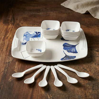 Close-up of blue floral pattern on Kalmia melamine dinnerware