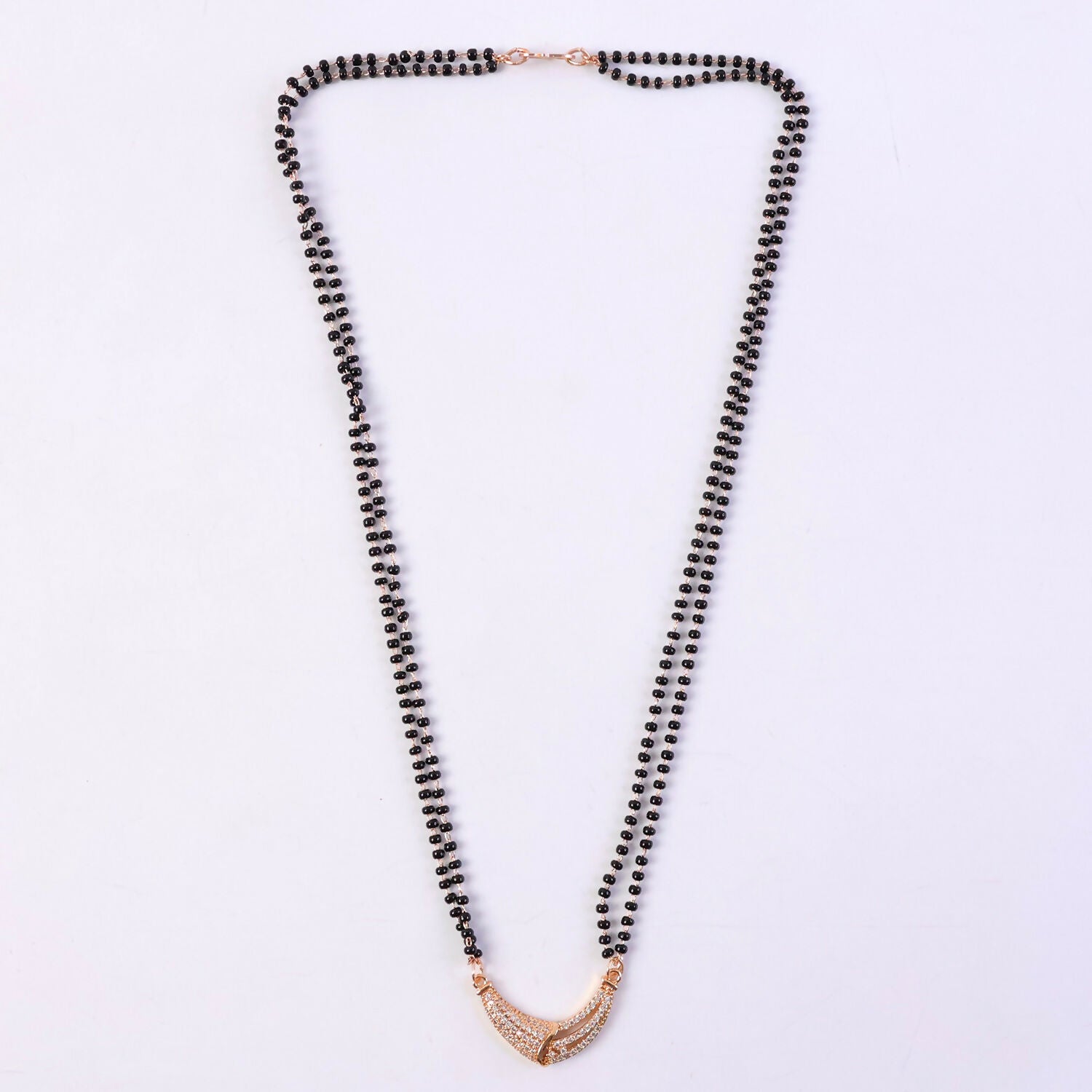 Rose Gold Finish Full CZ Crescent Moon Bar Double Strand Mangalsutra