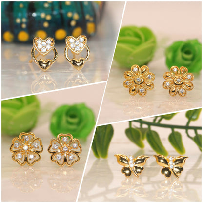 Gold plated stud earrings combo with heart, flower, and butterfly designs