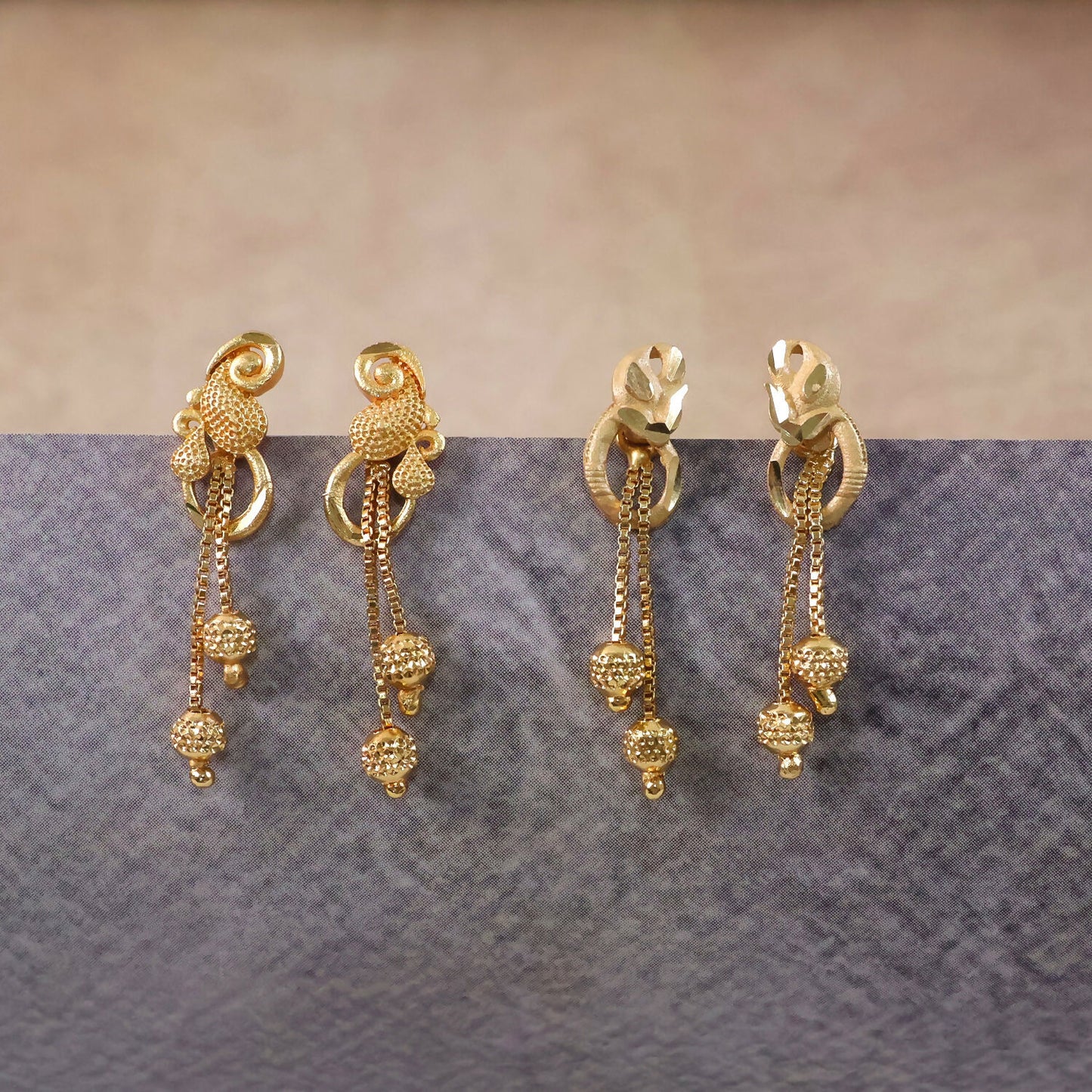 Chic Gold Chain Drop Earrings with Triple Hanging Beads and Sculpted Top Deign (2 Pair)