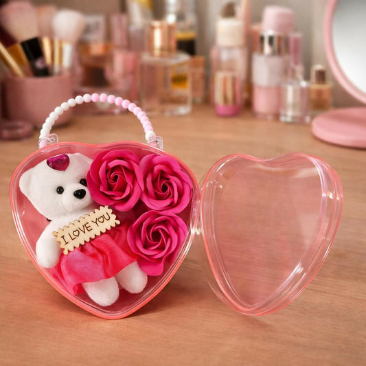 Heart Shape Gift Box with Teddy and Roses Romantic Gift Set
