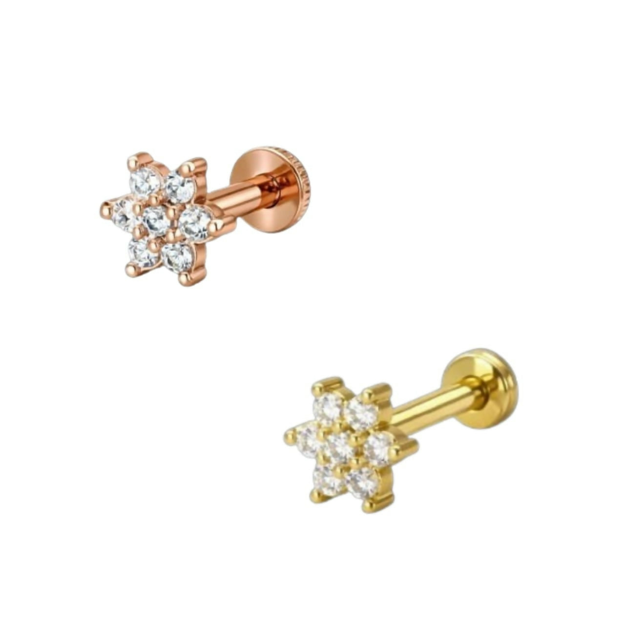 Gold and rosegold plated Crystal Flower Flat Back AD Nosepin Stud Combo Pack of 2