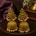 Antique Gold Lakshmi Jhumka Earrings with Pearl Drops – Traditional Temple Jewellery