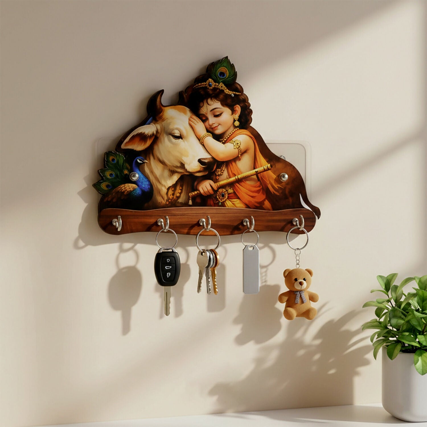 Side view of Baby Krishna with Cow Wooden Wall Key Holder with 5 hooks