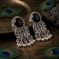 Vintage Oxidized Silver Peacock Jhumka Earrings with Black Onyx | Tribal Statement Jewellery