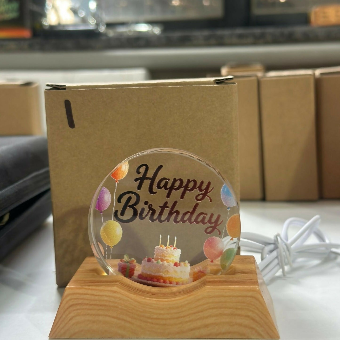 Compact LED Happy Birthday lamp perfect for desk decoration