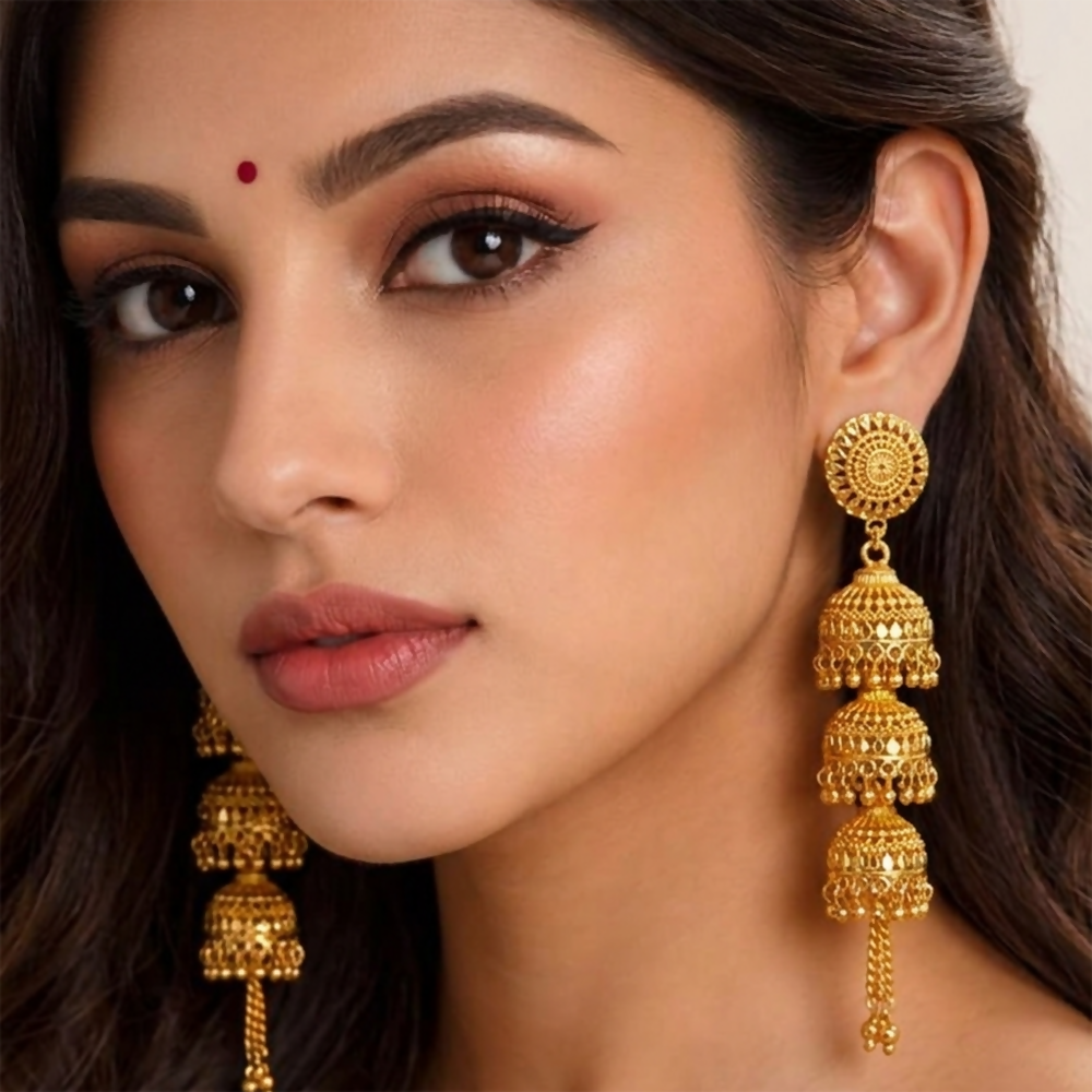 Front view of traditional gold plated jhumki earrings