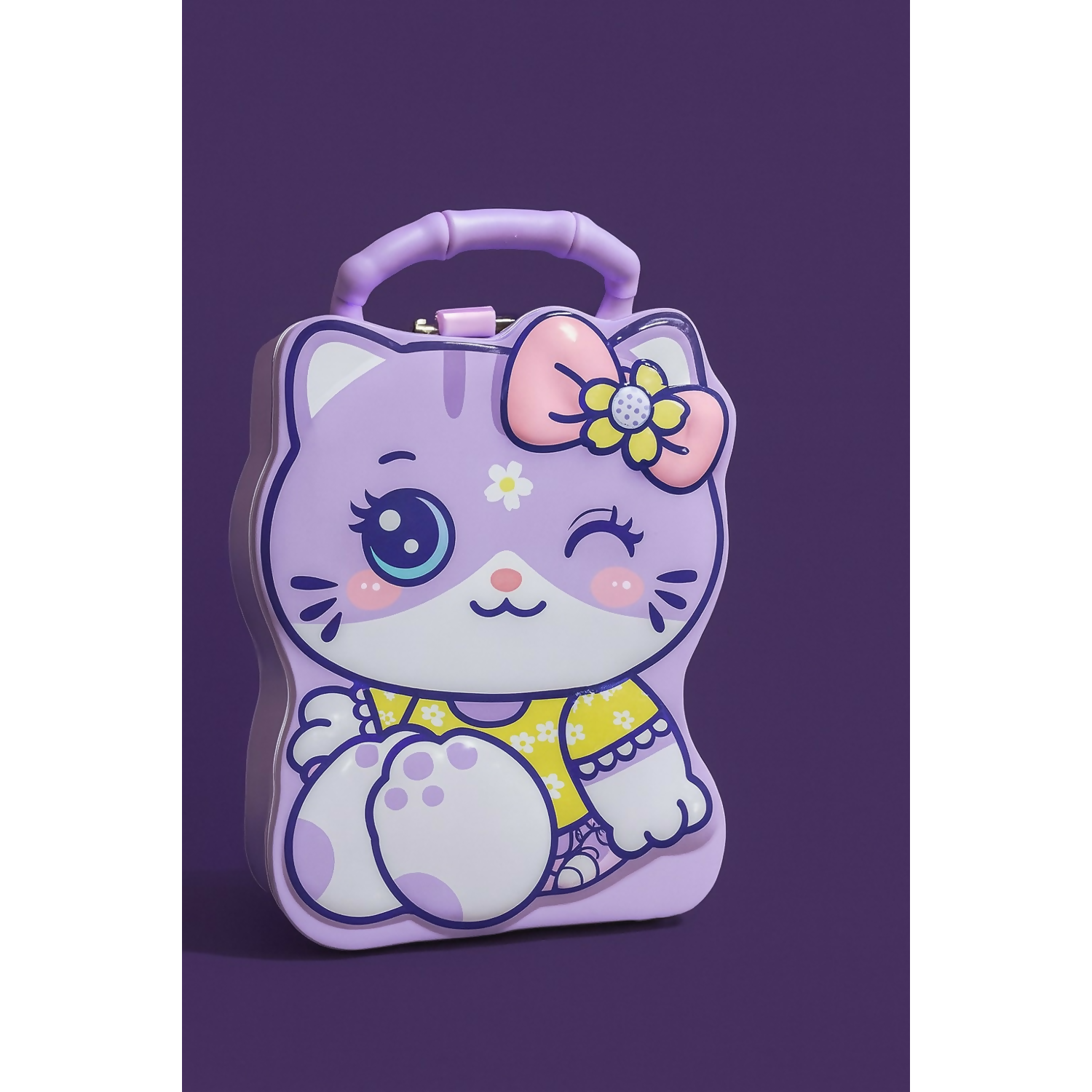 Cute Cat Shaped Lockable Metal Storage Box with Handle & Lock | Kitty Coin Bank, Kids Treasure Chest, Money Saving Box, Toy Organizer, Secret Storage Case for Children | Durable Metal Case with Key