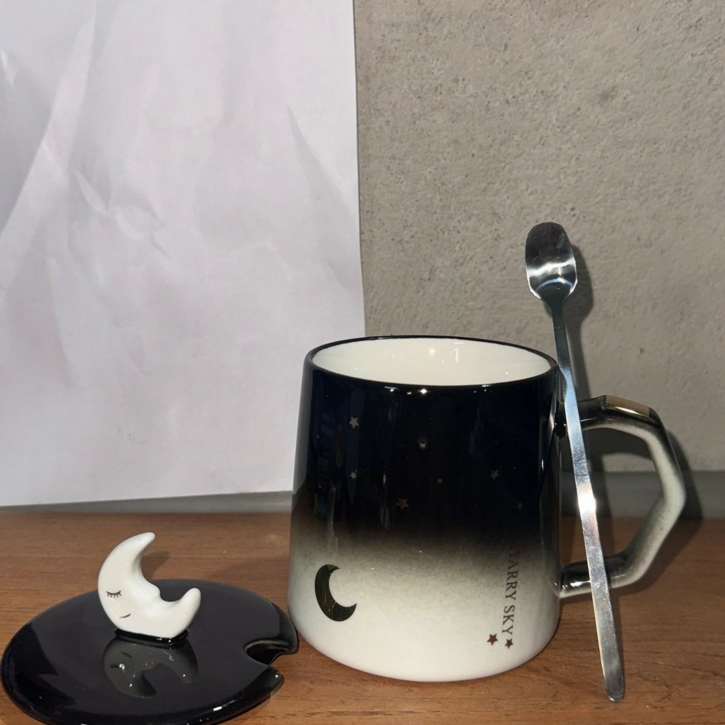 Moon Theme Ceramic Mug with Lid & Spoon for Tea, Coffee & Gifting (Black–White)