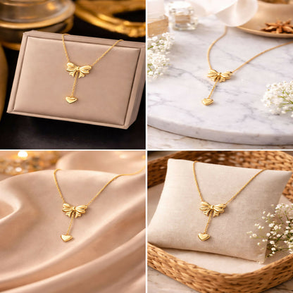 Heart Pendant Necklace for Women Delicate Chain with Bow & Heart Charm