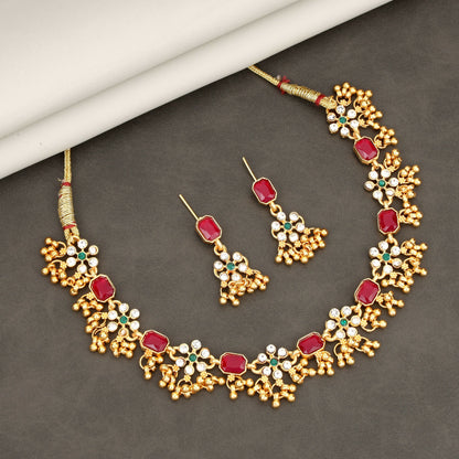 Gold-Plated Black Enamel Lotus Choker Set with Pearl Drops