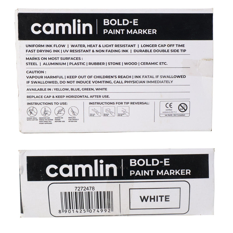 Camlin Bold-E Paint Marker – White Colour, Permanent & Refillable Paint Markers for Multi-Surface Industrial and Creative Use – Pack of 10