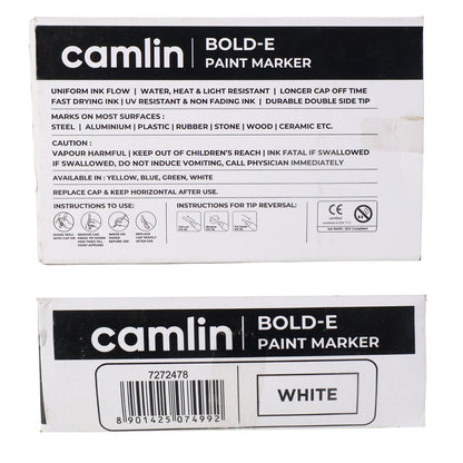 Camlin Bold-E Paint Marker – White Colour, Permanent & Refillable Paint Markers for Multi-Surface Industrial and Creative Use – Pack of 10