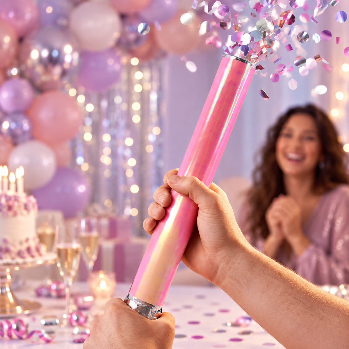 Detailed view of red chamki confetti party popper.