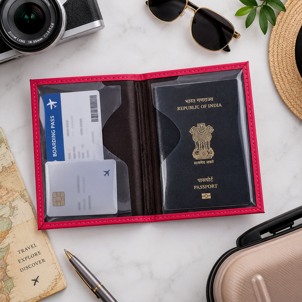 Open pink passport holder with an Indian passport, boarding pass, and card inside, surrounded by travel items.