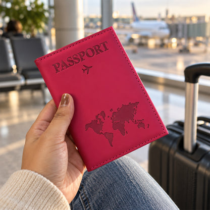 A person holds a closed pink passport holder with a world map design at an airport, with a rolling suitcase nearby.