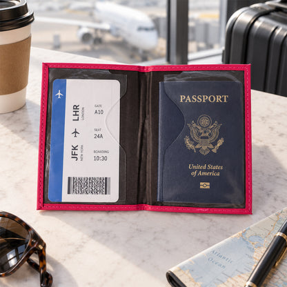Open pink passport holder with a US passport and boarding pass, set on a table with an airplane visible outside.