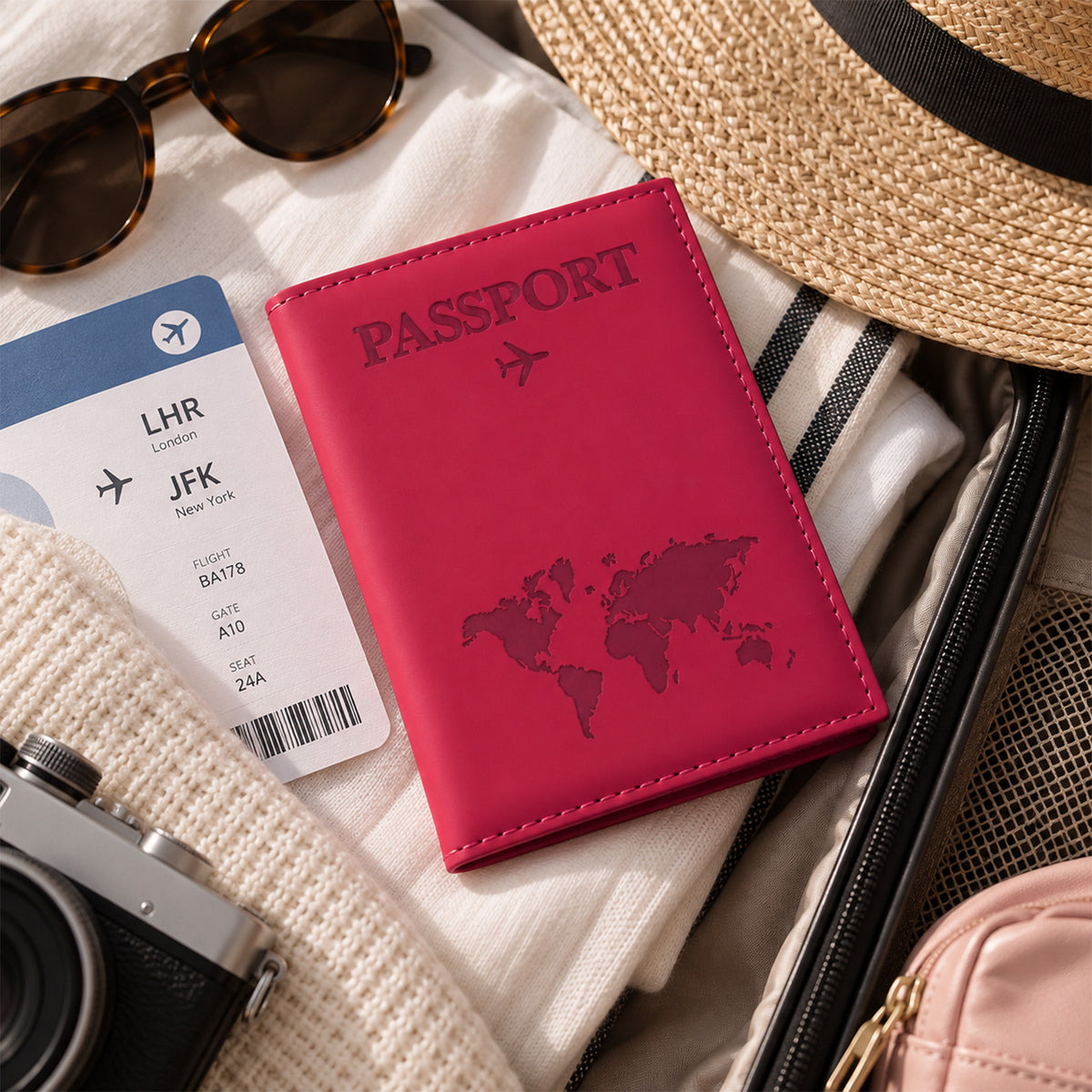 Closed pink passport holder with an embossed world map and airplane, nestled among travel accessories in a suitcase.