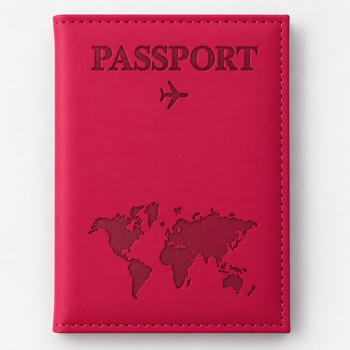 Front view of a closed pink passport holder featuring an embossed world map and airplane icon.