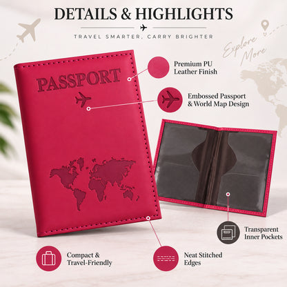 Two pink passport holders, one closed and one open, showcasing premium PU leather, embossed design, and transparent pockets.