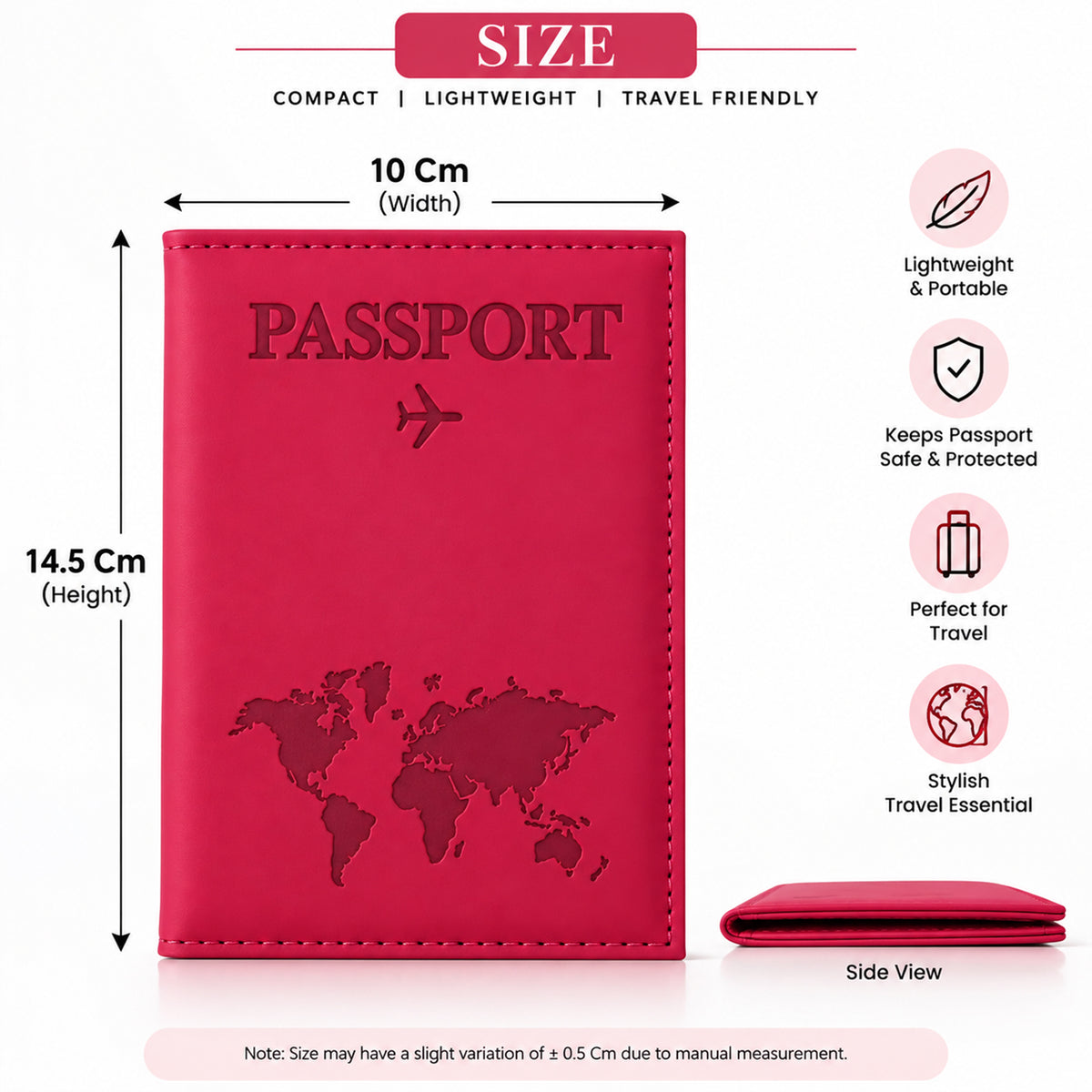 Pink passport holder with dimensions and features highlighted, showing its compact size and side profile.
