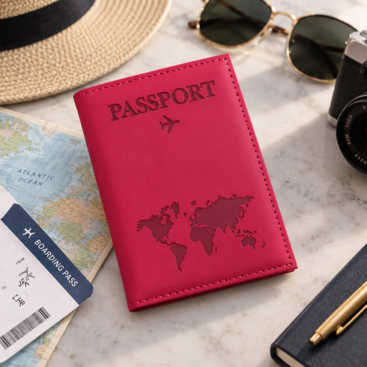Closed pink passport holder with an embossed world map, placed on a marble surface with a boarding pass and pen.