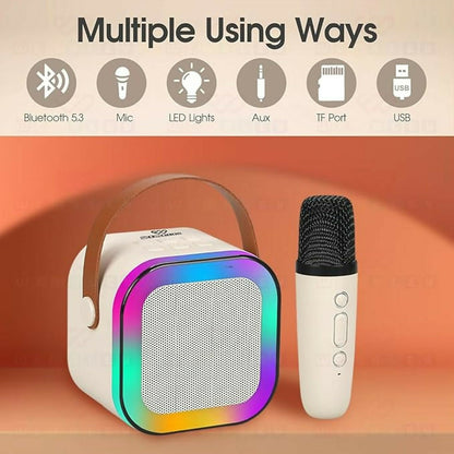 Karaoke speaker with colorful LED light effects turned on