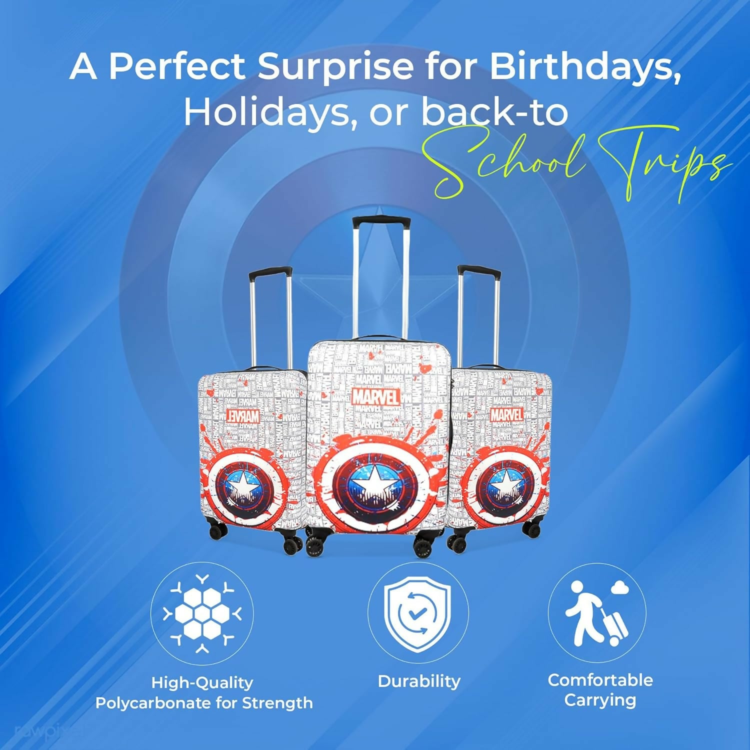 Novex Marvel Captain America Kids Polycarbonate Trolley Bag for Boys Travel Luggage with 4 Spinner Wheel (White-Red/22 Inch)