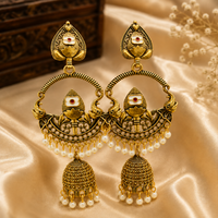 Antique Gold Finish Designer Jhumka Earrings with Pearl Drops | Traditional Ethnic Chandbali Style Earrings for Women & Girls