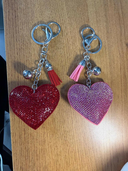 Decorative heart-shaped rhinestone keychain with tassel charm
