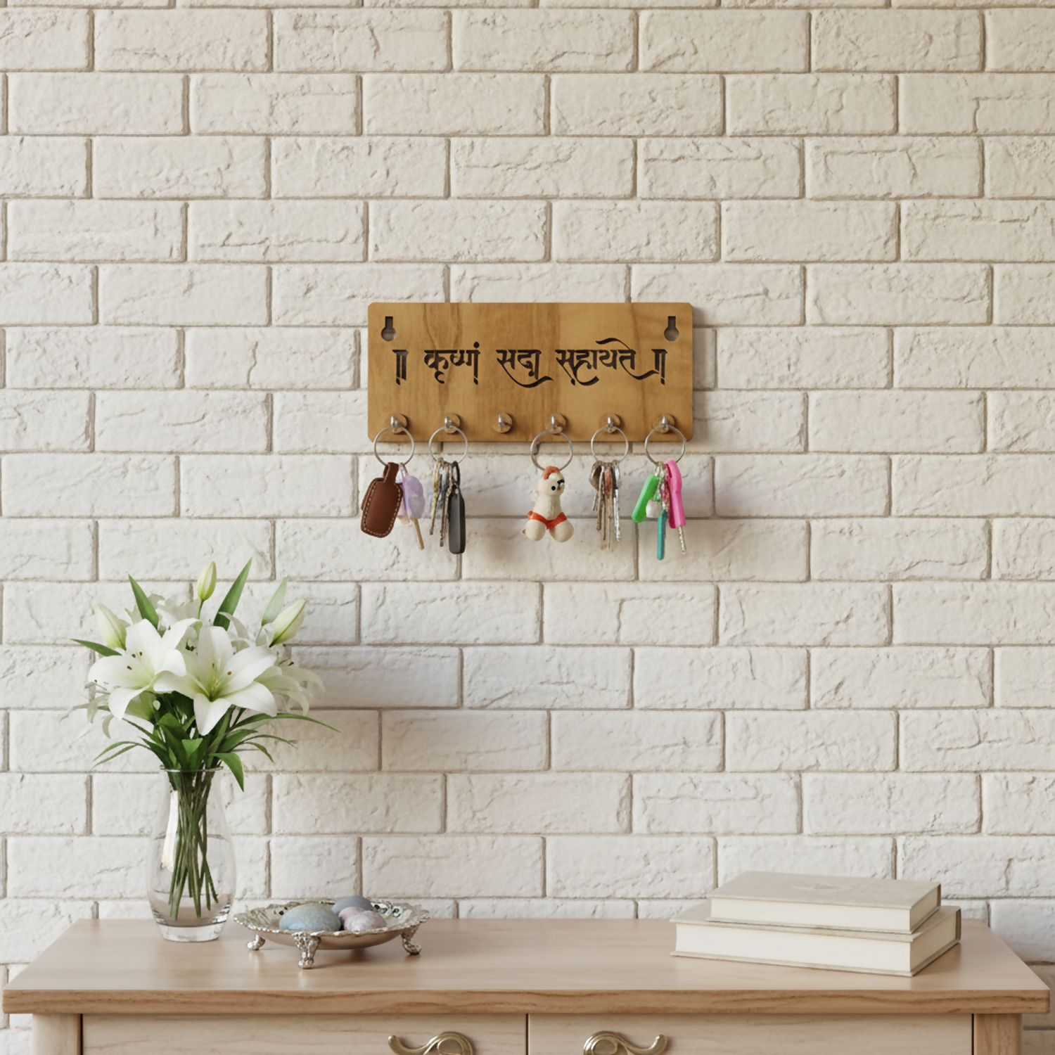 Krushnam Sada Sahayate Wooden Key Holder for Wall – Premium MDF Krishna Devotional Wall Key Organizer