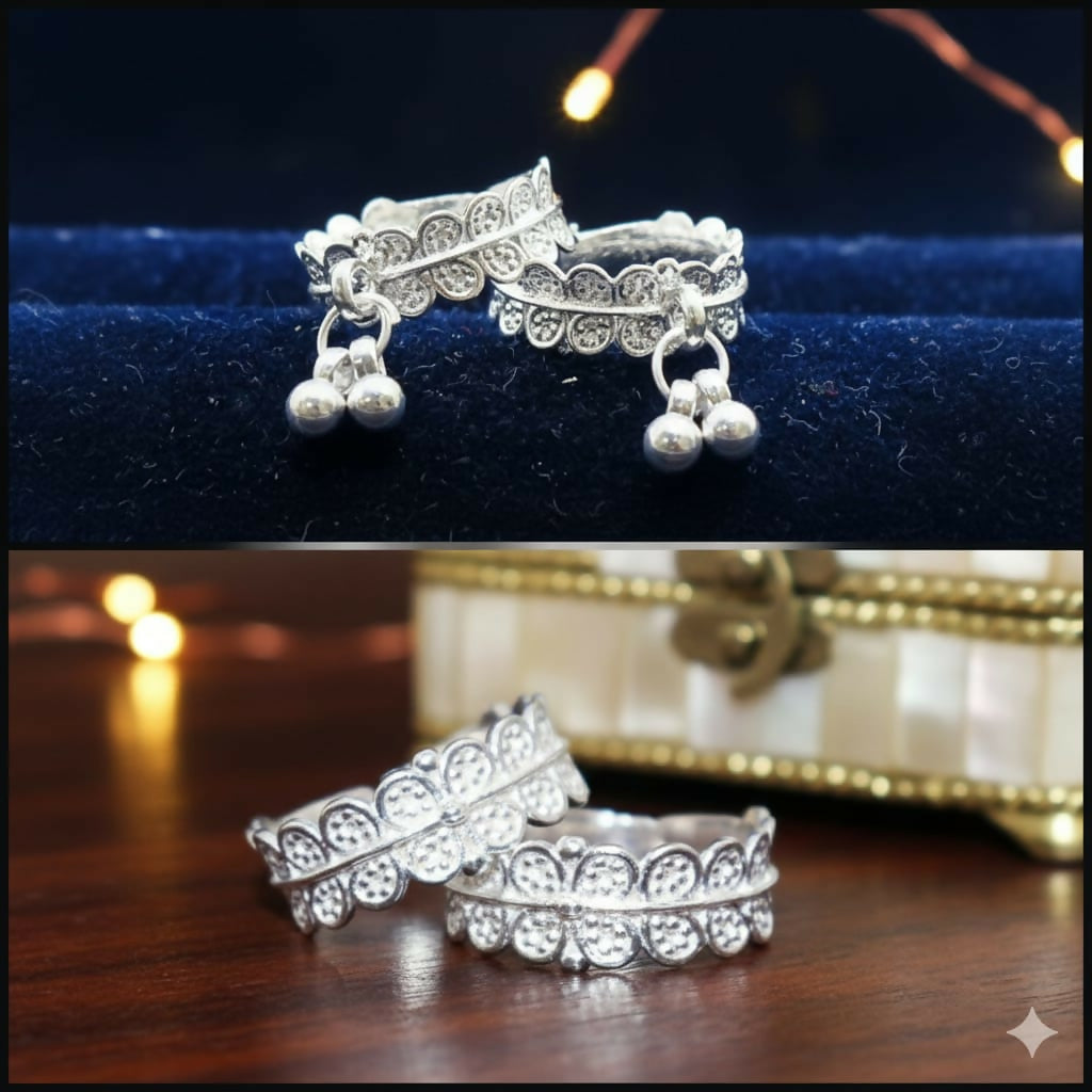 Silver Filigree Toe Rings with Ghungroo for woman and girls Combo Pack of 2