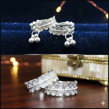 Silver Filigree Toe Rings with Ghungroo for woman and girls Combo Pack of 2
