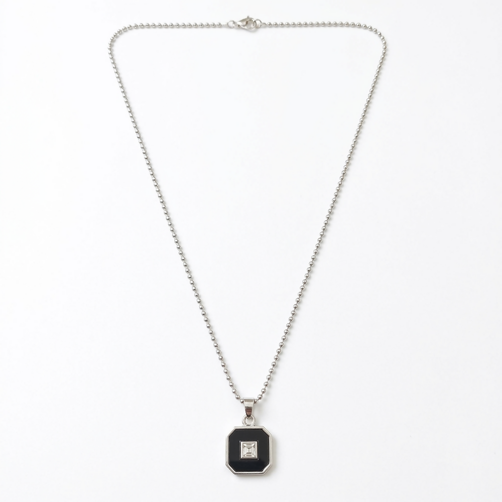 Elegant Silver Plated Black Square Pendant Necklace Stylish Chain Jewelry