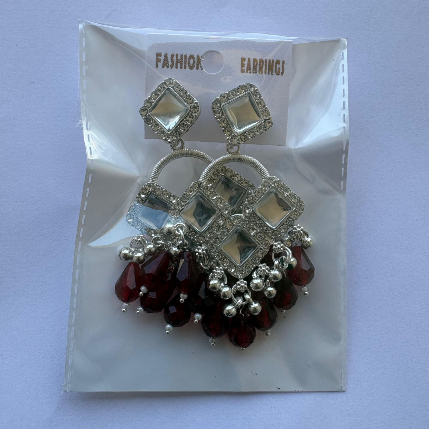 Elegant Silver Plated Chandelier Earrings Featuring Square Crystals and Maroon Teardrop Beads