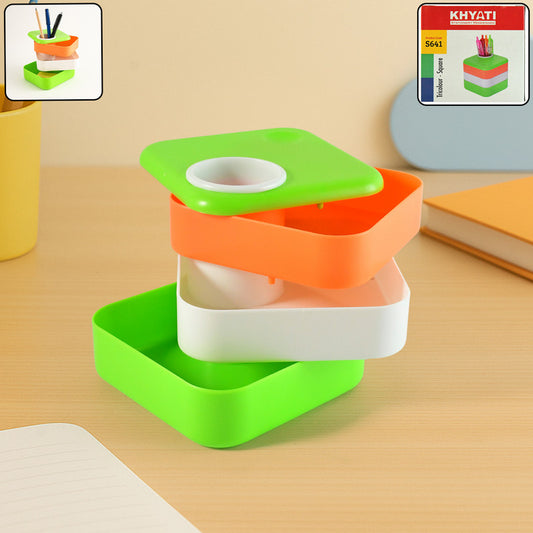 Khyati Tricolour Square Pen Stand with Sliding Drawers – Multi-Functional Desk Organizer